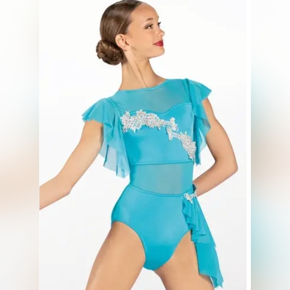 Weissman Elite Aqua Blue Dance Costume With White Lace Appliques LA